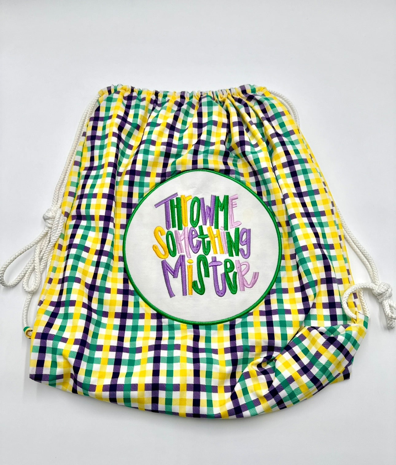 Drawstring Striped Backpack “Throw Me Something Mister”