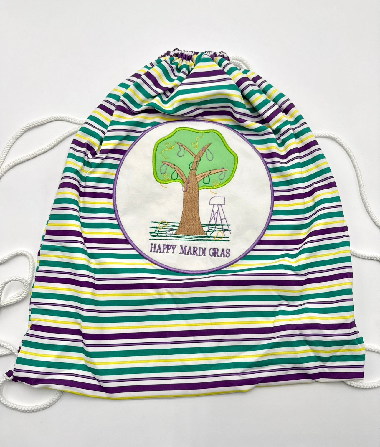 Drawstring Striped Backpack “Happy Mardi Gras”