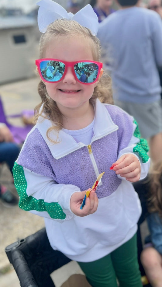 Girls Mardi Gras Bedazzled Zip Up Pullover