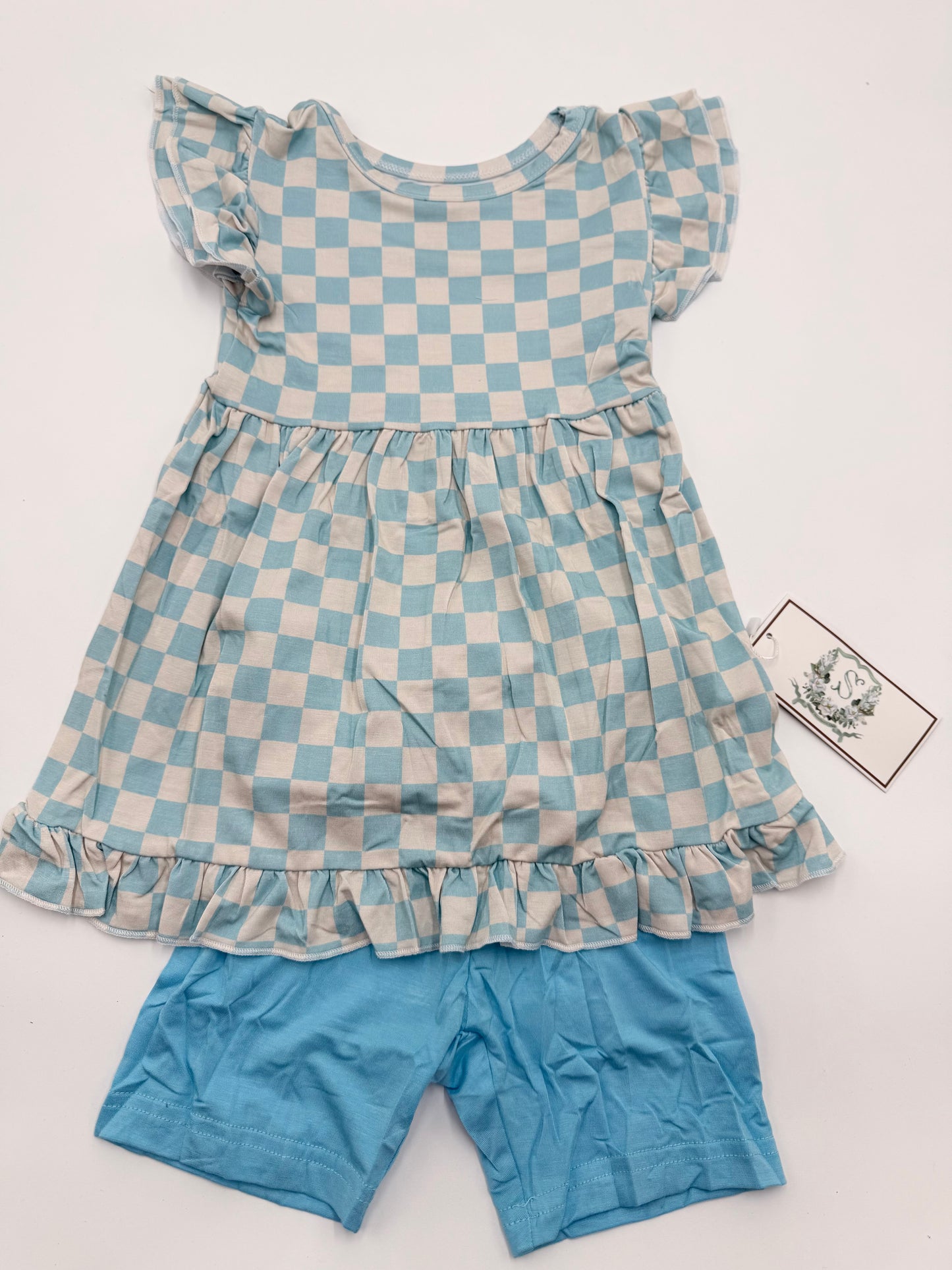 Blue Check Ruffle Short Set