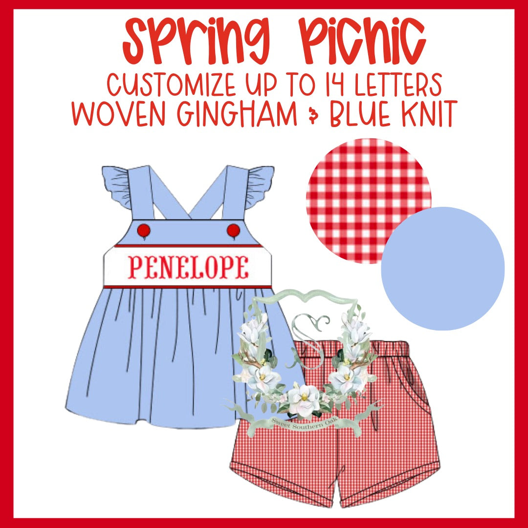 WS PO36: Girls Spring Picnic Name Smock Short Set