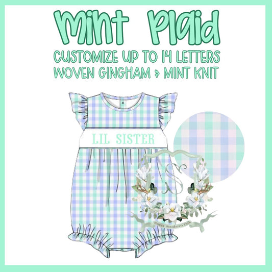 WS PO36: Girls Mint Plaid Name Smock Bubble