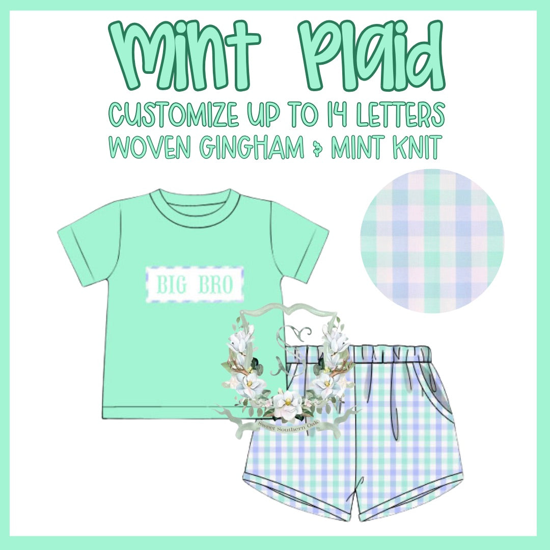 WS PO36: Boys Mint Plaid Name Smock Short Set