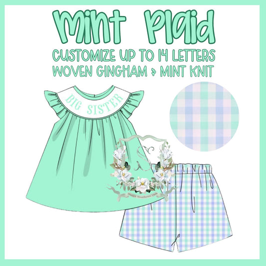 WS PO36: Girls Mint Plaid Name Smock Short Set