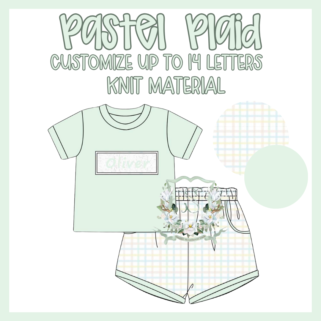 WS PO36: Boys Pastel Plaid Name Smock Short Set