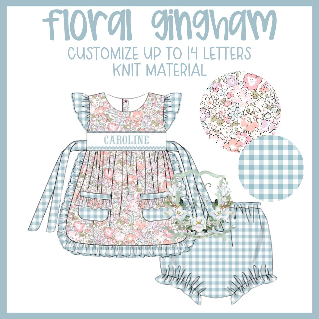 WS PO36: Girls Floral Gingham Name Smock Bloomer Set